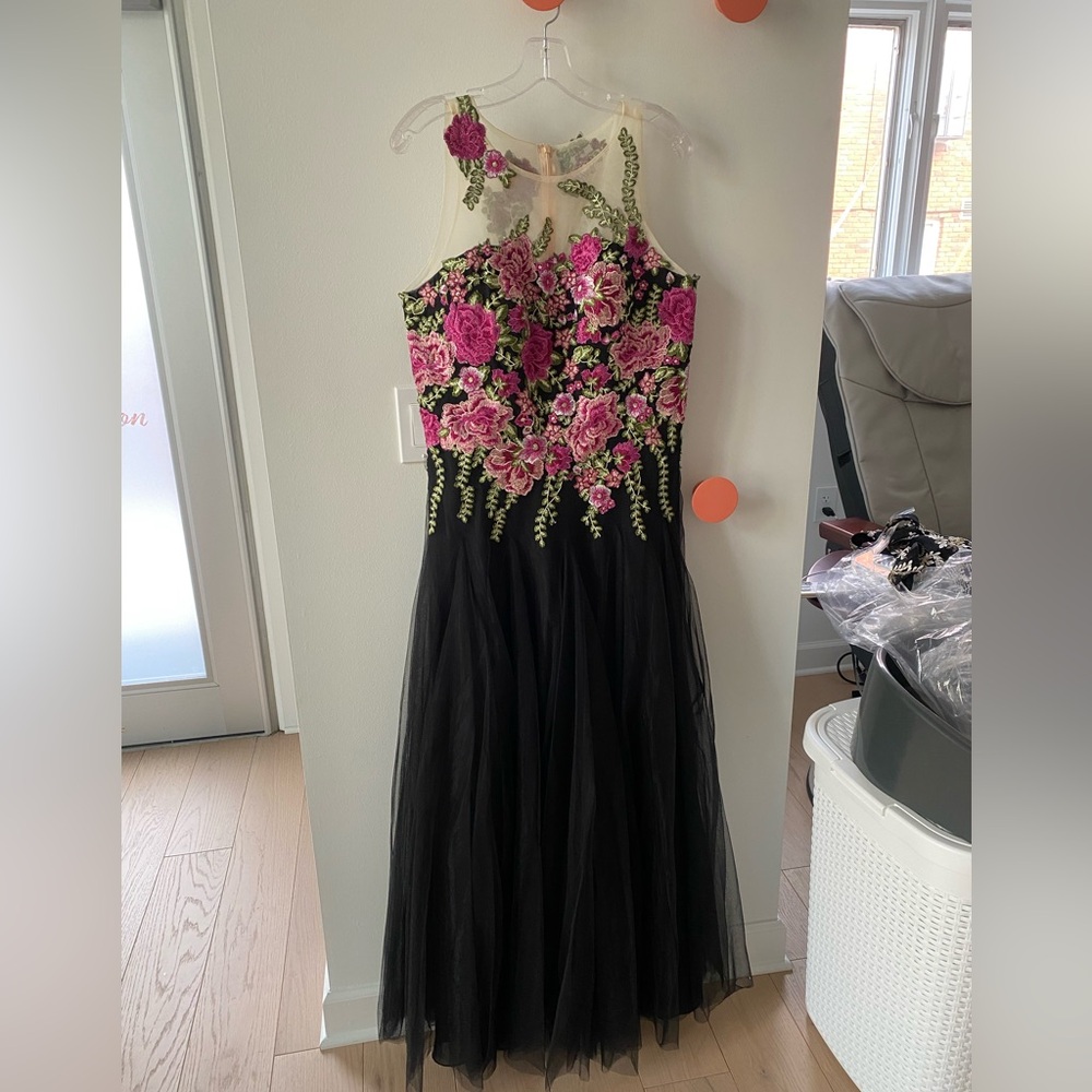 JJs House Black Dress with Floral Embroidery